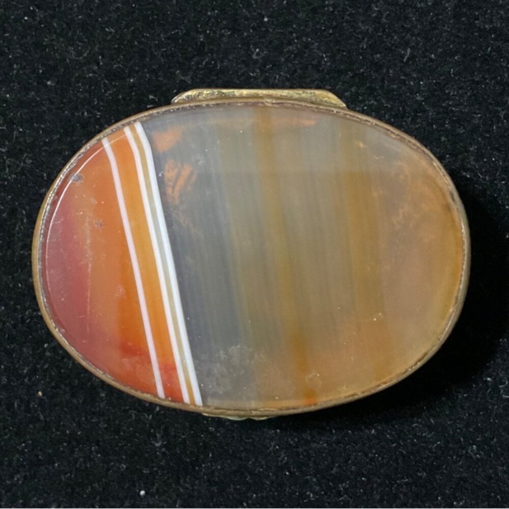 Antique Brass & Agate Hinged Trinket Box With Ornate Carved Detail And Striped S